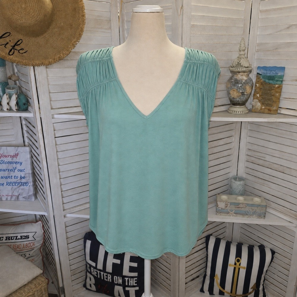 Dear Scarlett Aqua Blue Ruched Cap Sleeve V Neck Blouse XL Coastal Chic
